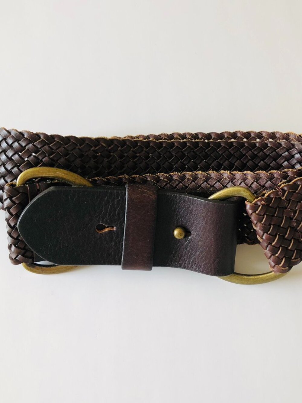 J.Crew 100% Leather Woven Belt Dark Brown Distressed Hardware Width 2" Size L
